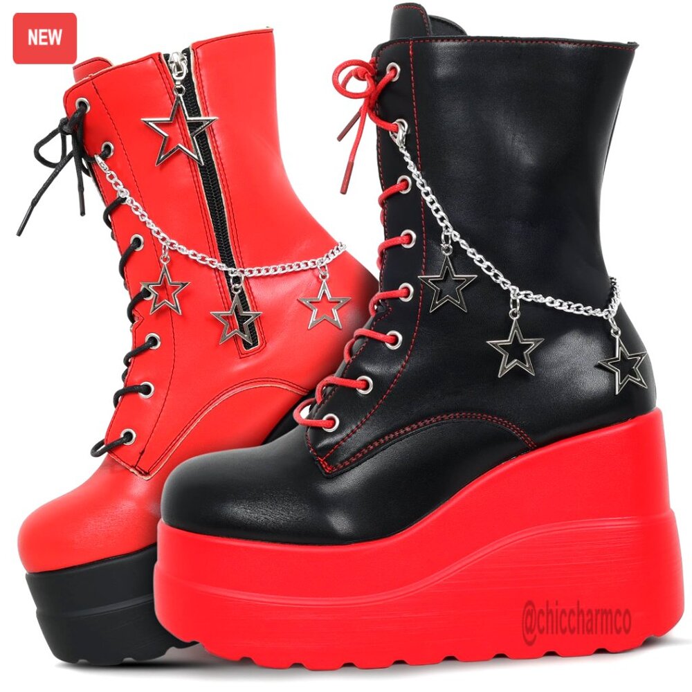 Platform Combat Boots With Side Zip Lace Up Chunky Heel Wedge B